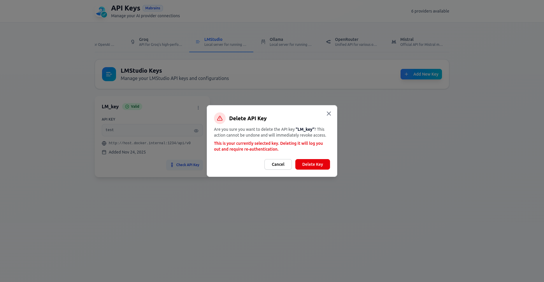 Delete Active Key Warning