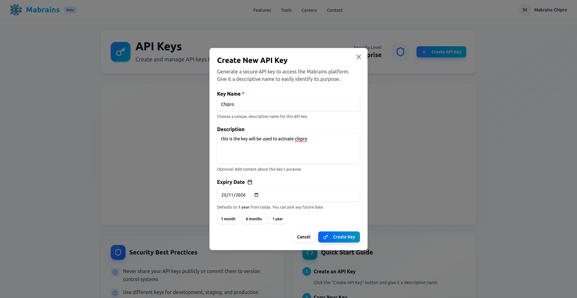 Create API Key Modal